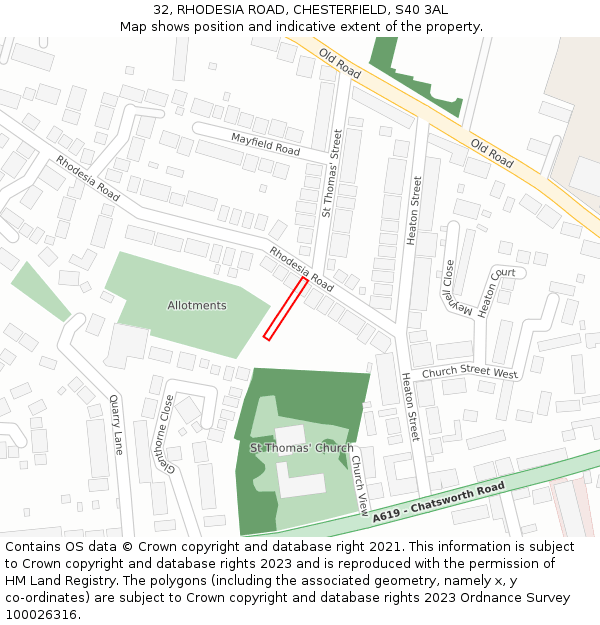 32, RHODESIA ROAD, CHESTERFIELD, S40 3AL: Location map and indicative extent of plot