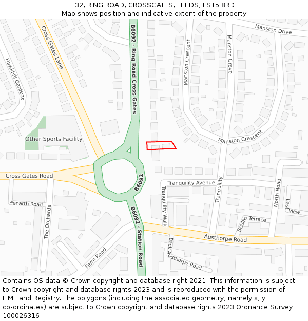 32, RING ROAD, CROSSGATES, LEEDS, LS15 8RD: Location map and indicative extent of plot