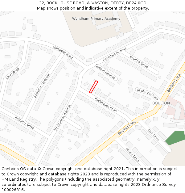 32, ROCKHOUSE ROAD, ALVASTON, DERBY, DE24 0GD: Location map and indicative extent of plot