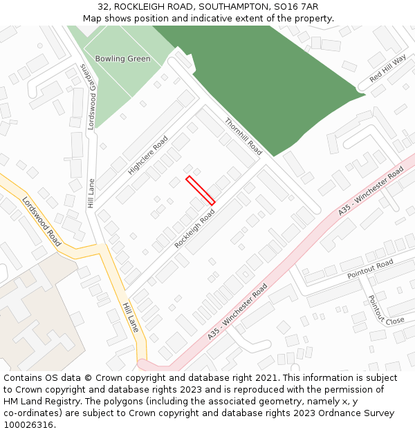 32, ROCKLEIGH ROAD, SOUTHAMPTON, SO16 7AR: Location map and indicative extent of plot