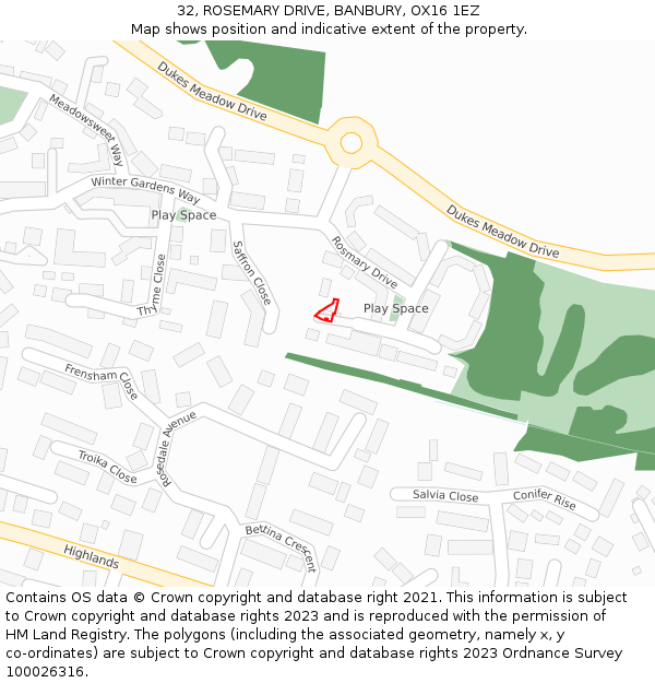 32, ROSEMARY DRIVE, BANBURY, OX16 1EZ: Location map and indicative extent of plot