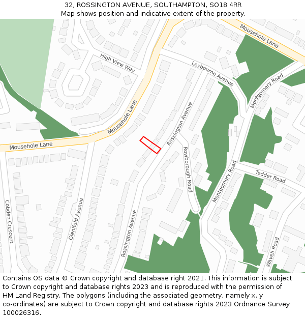 32, ROSSINGTON AVENUE, SOUTHAMPTON, SO18 4RR: Location map and indicative extent of plot