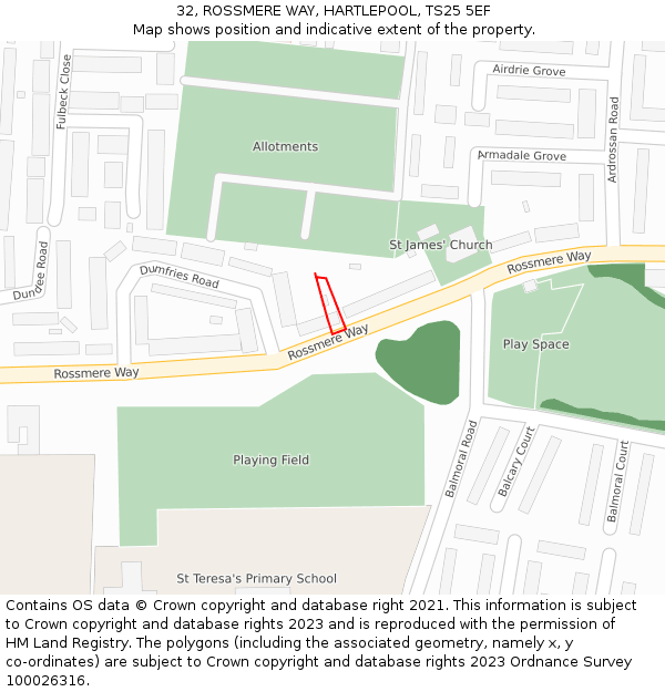 32, ROSSMERE WAY, HARTLEPOOL, TS25 5EF: Location map and indicative extent of plot