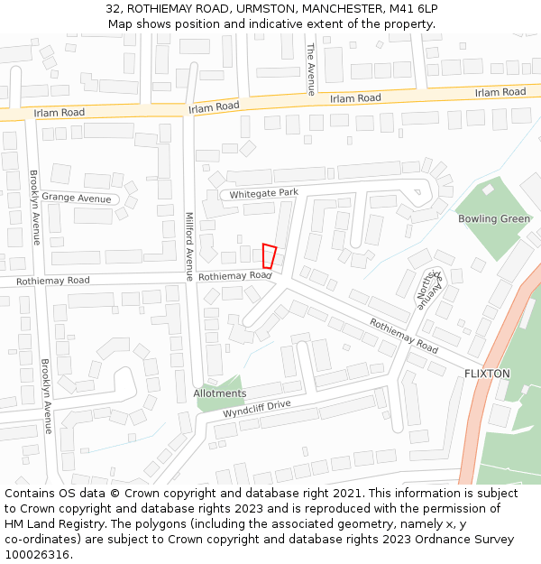 32, ROTHIEMAY ROAD, URMSTON, MANCHESTER, M41 6LP: Location map and indicative extent of plot