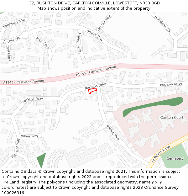 32, RUSHTON DRIVE, CARLTON COLVILLE, LOWESTOFT, NR33 8GB: Location map and indicative extent of plot