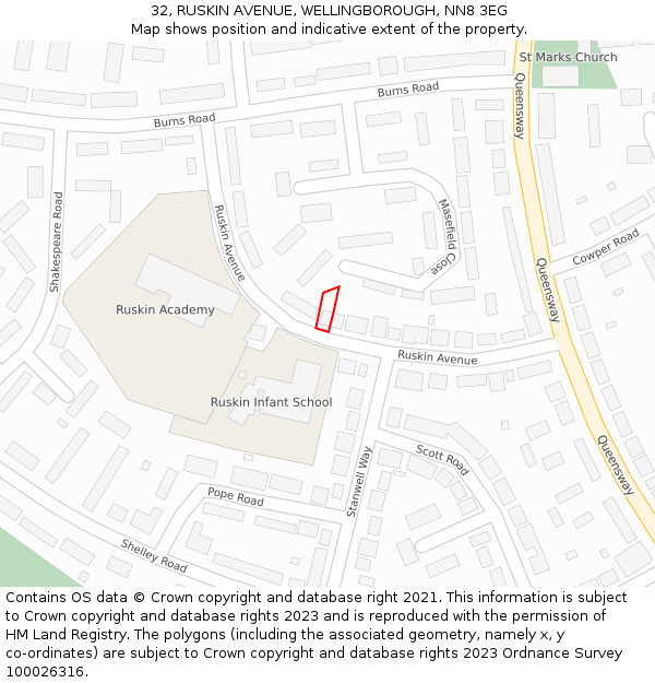 32, RUSKIN AVENUE, WELLINGBOROUGH, NN8 3EG: Location map and indicative extent of plot