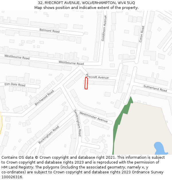 32, RYECROFT AVENUE, WOLVERHAMPTON, WV4 5UQ: Location map and indicative extent of plot