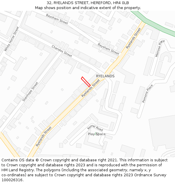 32, RYELANDS STREET, HEREFORD, HR4 0LB: Location map and indicative extent of plot