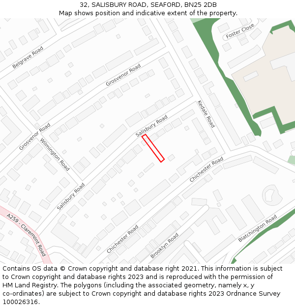 32, SALISBURY ROAD, SEAFORD, BN25 2DB: Location map and indicative extent of plot