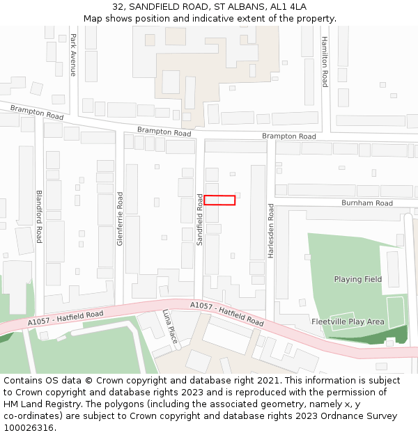 32, SANDFIELD ROAD, ST ALBANS, AL1 4LA: Location map and indicative extent of plot