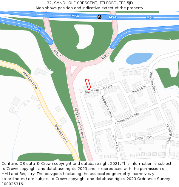 32, SANDHOLE CRESCENT, TELFORD, TF3 5JD: Location map and indicative extent of plot