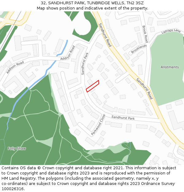 32, SANDHURST PARK, TUNBRIDGE WELLS, TN2 3SZ: Location map and indicative extent of plot