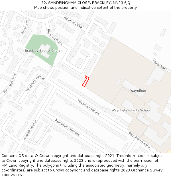32, SANDRINGHAM CLOSE, BRACKLEY, NN13 6JQ: Location map and indicative extent of plot