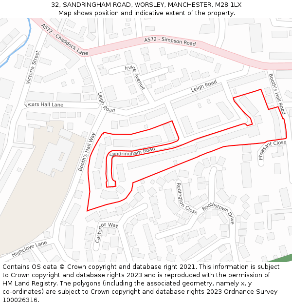 32, SANDRINGHAM ROAD, WORSLEY, MANCHESTER, M28 1LX: Location map and indicative extent of plot
