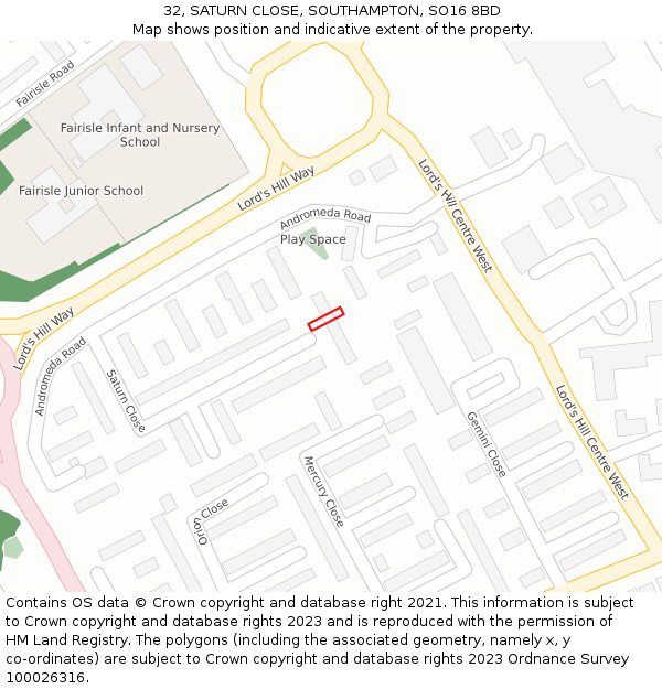 32, SATURN CLOSE, SOUTHAMPTON, SO16 8BD: Location map and indicative extent of plot