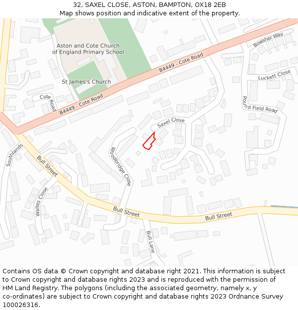 32, SAXEL CLOSE, ASTON, BAMPTON, OX18 2EB: Location map and indicative extent of plot