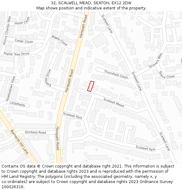 32, SCALWELL MEAD, SEATON, EX12 2DW: Location map and indicative extent of plot