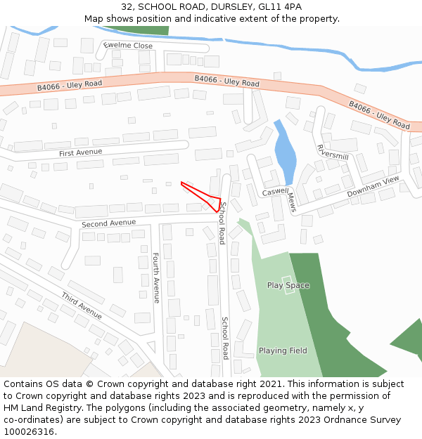 32, SCHOOL ROAD, DURSLEY, GL11 4PA: Location map and indicative extent of plot