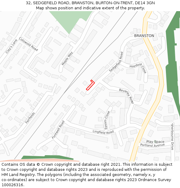 32, SEDGEFIELD ROAD, BRANSTON, BURTON-ON-TRENT, DE14 3GN: Location map and indicative extent of plot