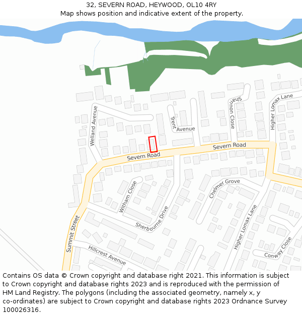 32, SEVERN ROAD, HEYWOOD, OL10 4RY: Location map and indicative extent of plot