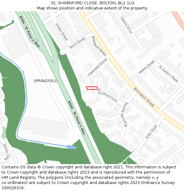 32, SHARNFORD CLOSE, BOLTON, BL2 1LG: Location map and indicative extent of plot