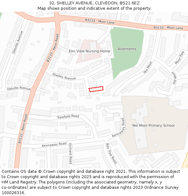 32, SHELLEY AVENUE, CLEVEDON, BS21 6EZ: Location map and indicative extent of plot