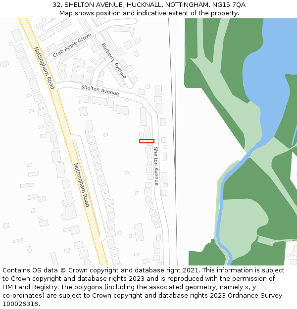 32, SHELTON AVENUE, HUCKNALL, NOTTINGHAM, NG15 7QA: Location map and indicative extent of plot
