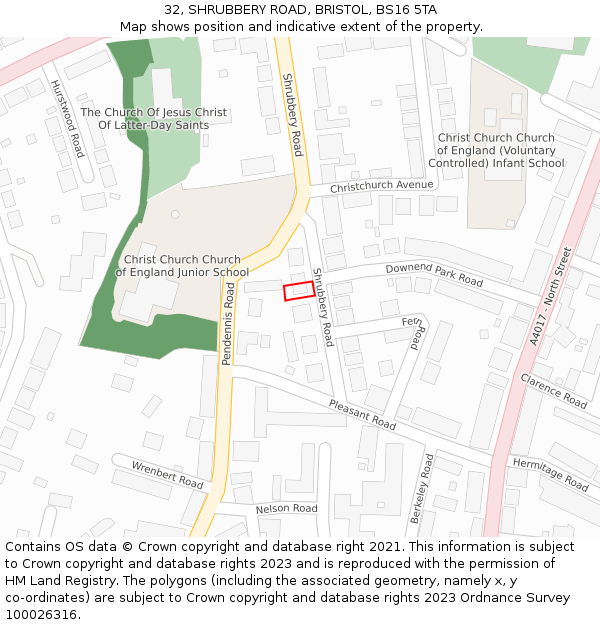 32, SHRUBBERY ROAD, BRISTOL, BS16 5TA: Location map and indicative extent of plot