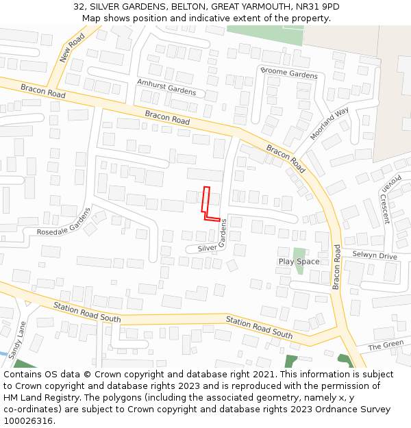 32, SILVER GARDENS, BELTON, GREAT YARMOUTH, NR31 9PD: Location map and indicative extent of plot