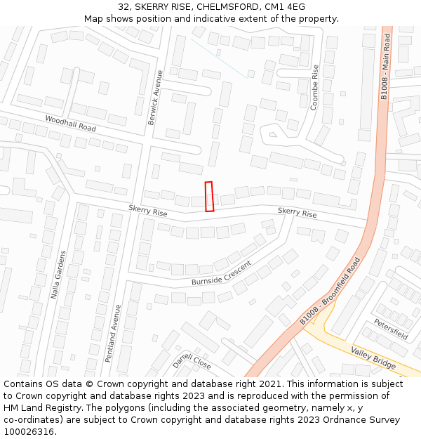 32, SKERRY RISE, CHELMSFORD, CM1 4EG: Location map and indicative extent of plot