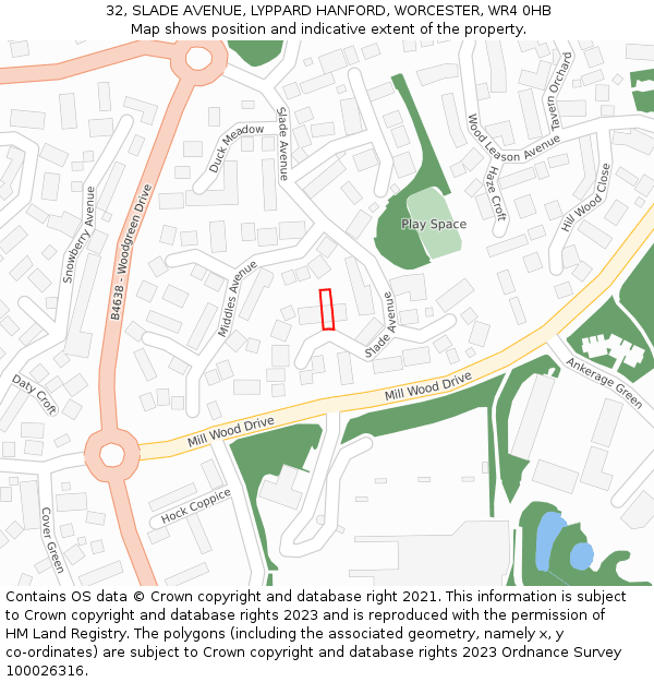 32, SLADE AVENUE, LYPPARD HANFORD, WORCESTER, WR4 0HB: Location map and indicative extent of plot