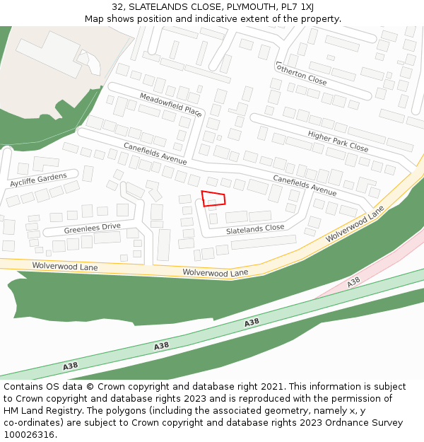 32, SLATELANDS CLOSE, PLYMOUTH, PL7 1XJ: Location map and indicative extent of plot