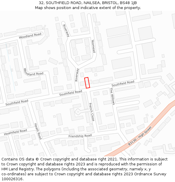 32, SOUTHFIELD ROAD, NAILSEA, BRISTOL, BS48 1JB: Location map and indicative extent of plot