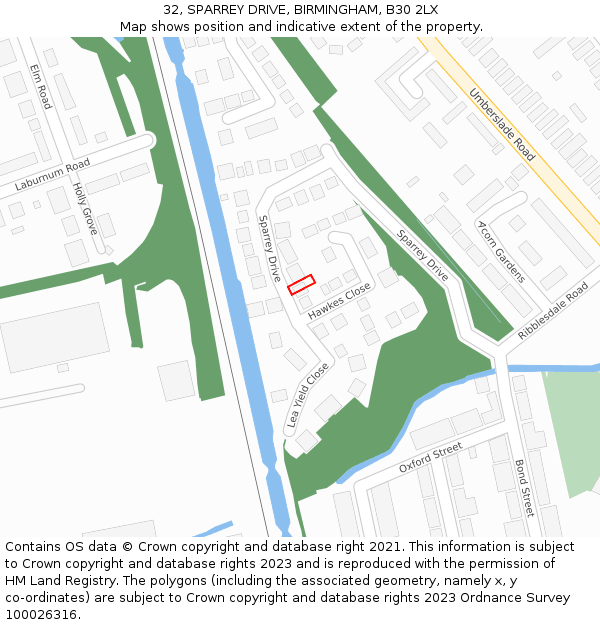 32, SPARREY DRIVE, BIRMINGHAM, B30 2LX: Location map and indicative extent of plot
