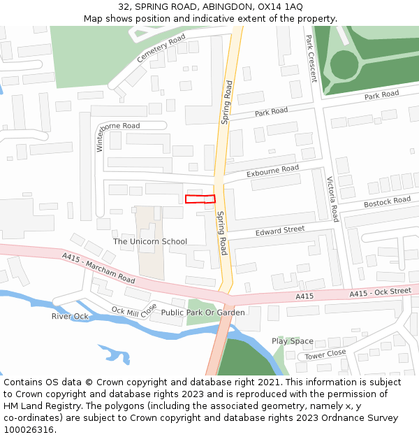 32, SPRING ROAD, ABINGDON, OX14 1AQ: Location map and indicative extent of plot