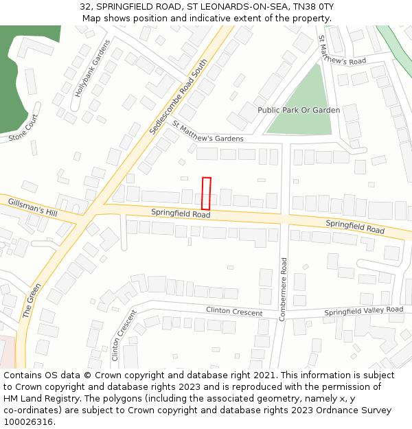 32, SPRINGFIELD ROAD, ST LEONARDS-ON-SEA, TN38 0TY: Location map and indicative extent of plot