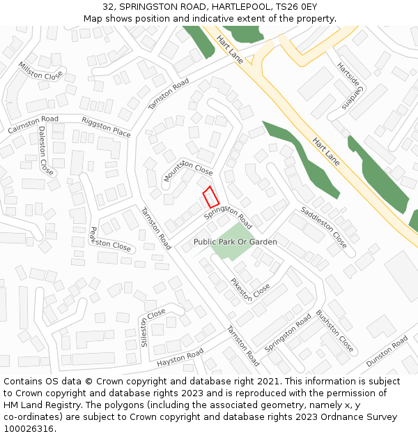 32, SPRINGSTON ROAD, HARTLEPOOL, TS26 0EY: Location map and indicative extent of plot