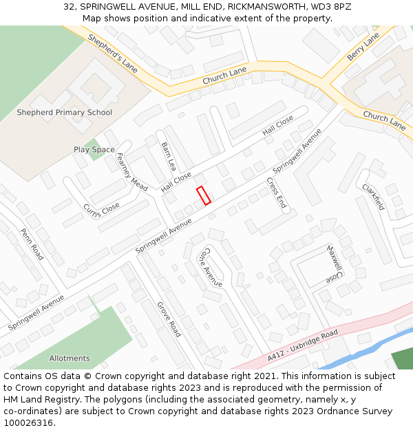 32, SPRINGWELL AVENUE, MILL END, RICKMANSWORTH, WD3 8PZ: Location map and indicative extent of plot