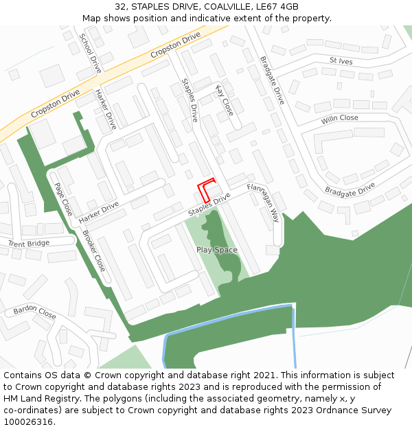 32, STAPLES DRIVE, COALVILLE, LE67 4GB: Location map and indicative extent of plot
