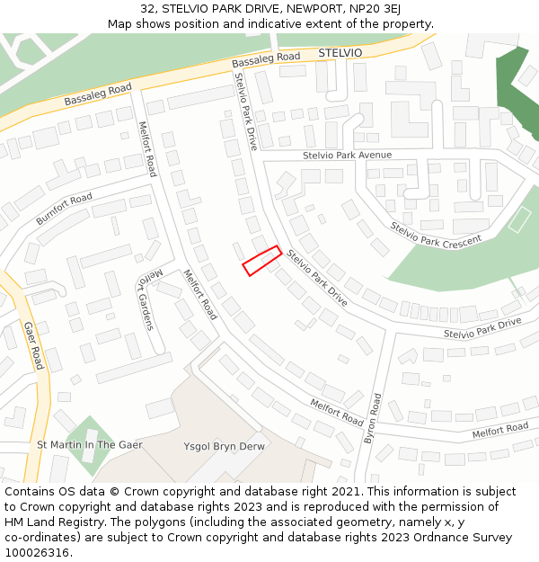 32, STELVIO PARK DRIVE, NEWPORT, NP20 3EJ: Location map and indicative extent of plot