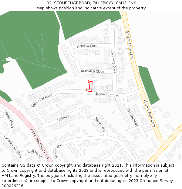 32, STONECHAT ROAD, BILLERICAY, CM11 2NX: Location map and indicative extent of plot