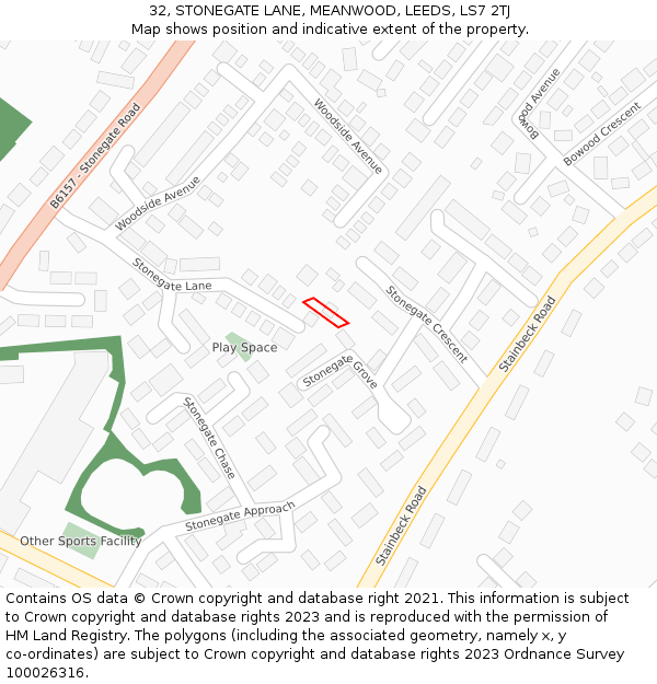 32, STONEGATE LANE, MEANWOOD, LEEDS, LS7 2TJ: Location map and indicative extent of plot