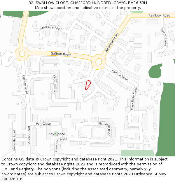 32, SWALLOW CLOSE, CHAFFORD HUNDRED, GRAYS, RM16 6RH: Location map and indicative extent of plot