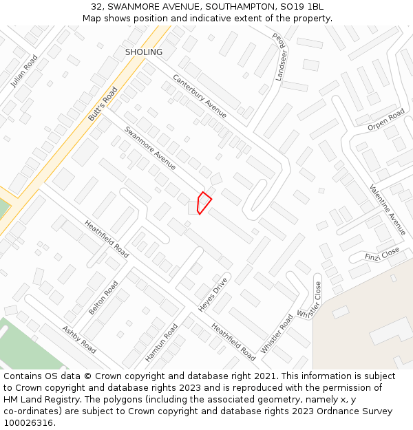 32, SWANMORE AVENUE, SOUTHAMPTON, SO19 1BL: Location map and indicative extent of plot