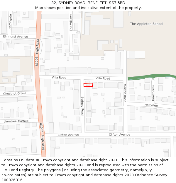 32, SYDNEY ROAD, BENFLEET, SS7 5RD: Location map and indicative extent of plot