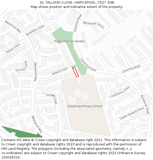32, TALLAND CLOSE, HARTLEPOOL, TS27 3NB: Location map and indicative extent of plot