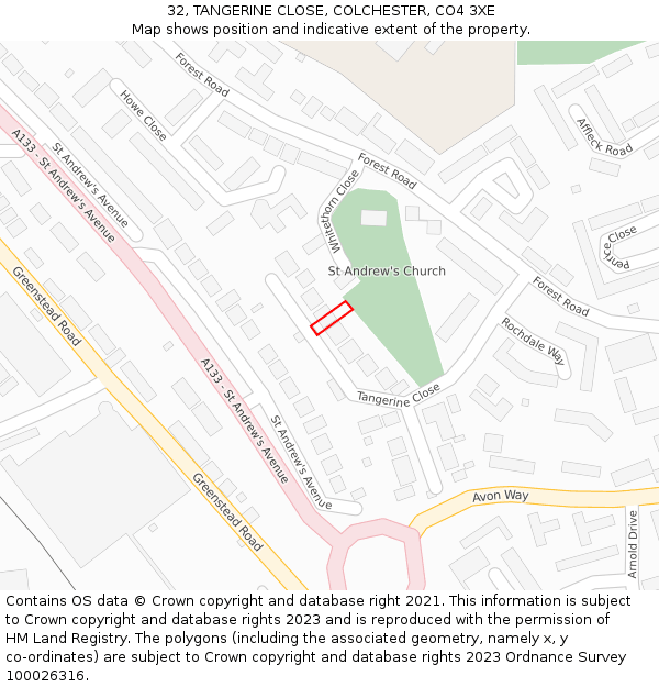 32, TANGERINE CLOSE, COLCHESTER, CO4 3XE: Location map and indicative extent of plot