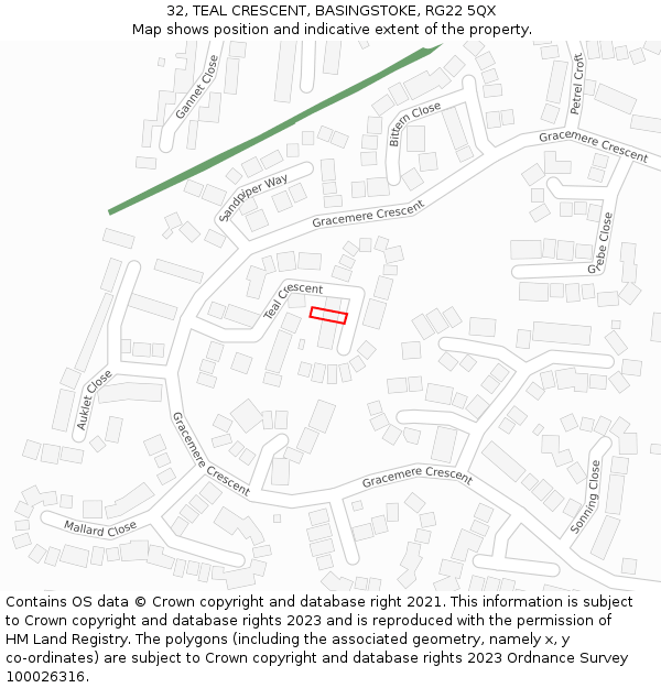 32, TEAL CRESCENT, BASINGSTOKE, RG22 5QX: Location map and indicative extent of plot
