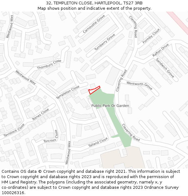 32, TEMPLETON CLOSE, HARTLEPOOL, TS27 3RB: Location map and indicative extent of plot