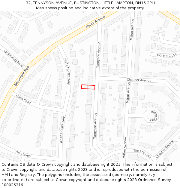 32, TENNYSON AVENUE, RUSTINGTON, LITTLEHAMPTON, BN16 2PH: Location map and indicative extent of plot